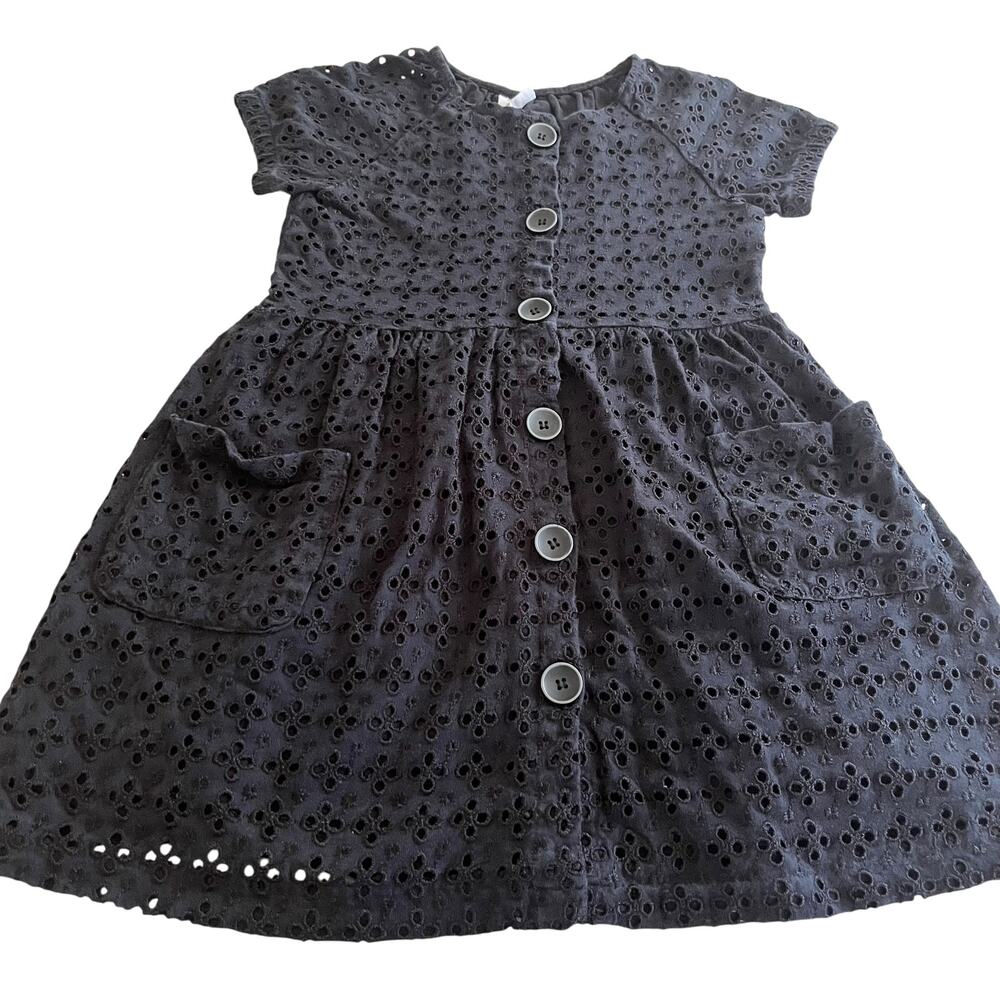 Zara Girls Black Embroidered Eyelet Button Front Short Sleeve Dress Size 8